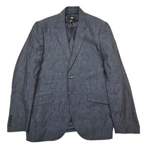 H&M 100% Linen‎ Blazer Mens 36R Small Navy Blue Two Button Sport Coat Jacket